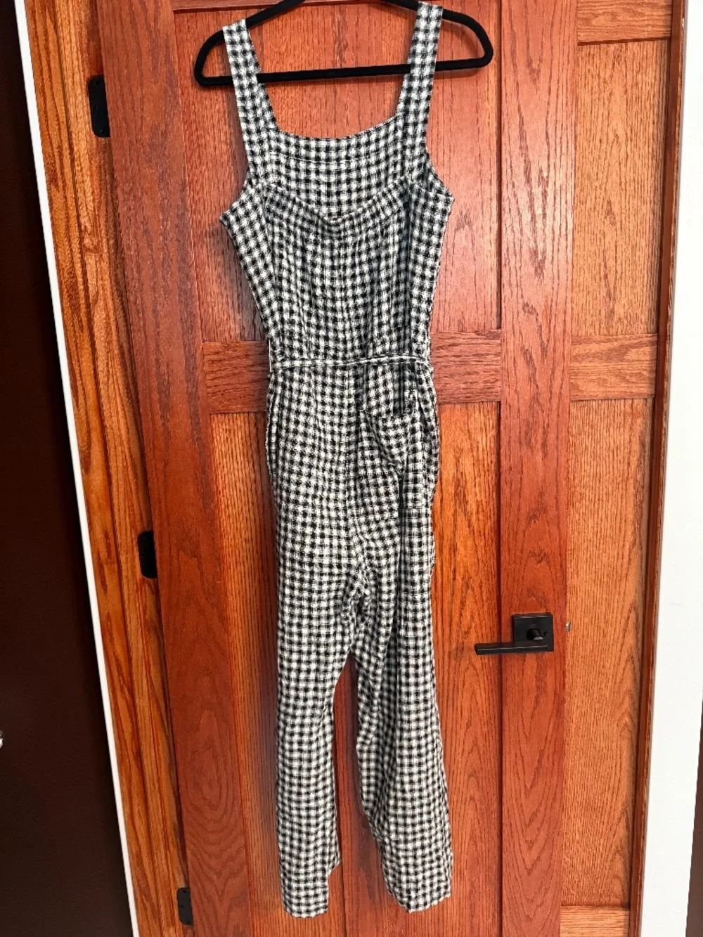 100% European Linen Square Neck Jumpsuit - Black/Oatmeal Gingham